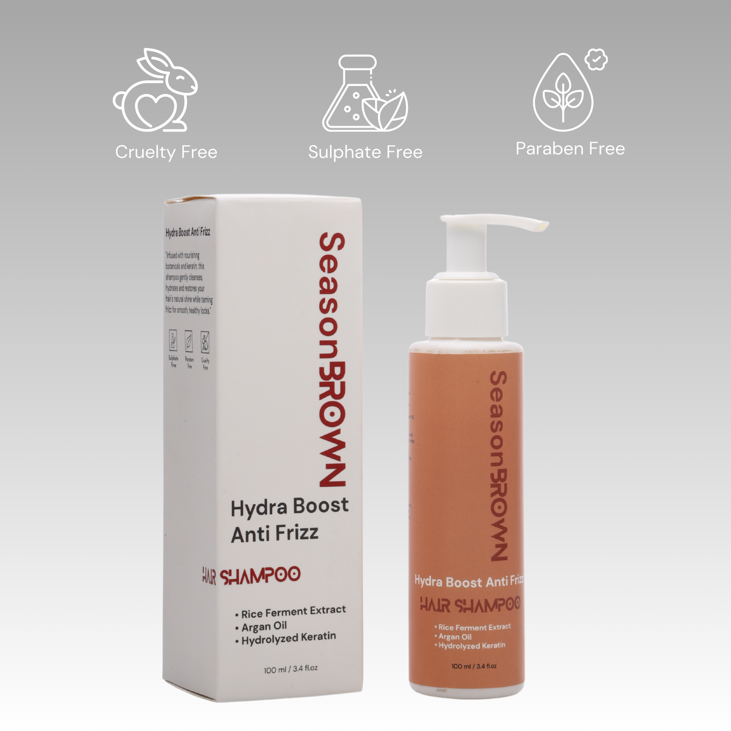 SeasonBrown Hydra Boost Anti-Frizz Shampoo – Enriched with Rice Ferment Extract, Argan Oil and Hydrolized Keratin for smooth, hydrated, and healthy hair.