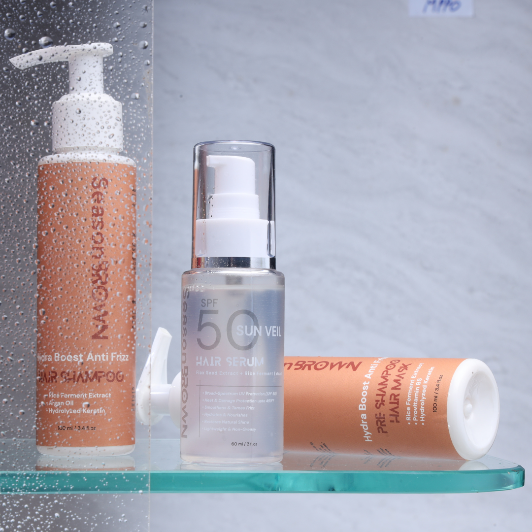 SeasonBrown Hair Care Products Banner – Featuring Shampoo, Hair Mask, and Serum for healthy, nourished hair.
